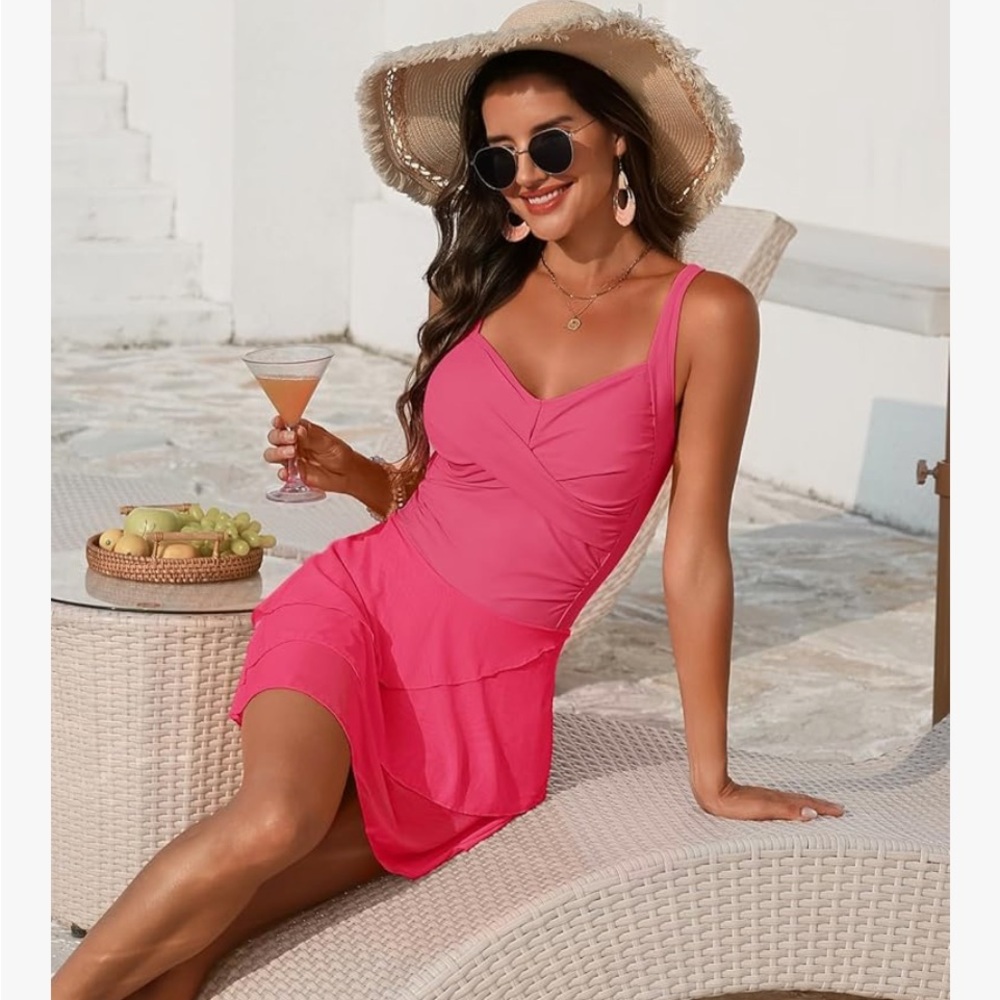 Pink Ruffled One-Piece Swimdress Size L